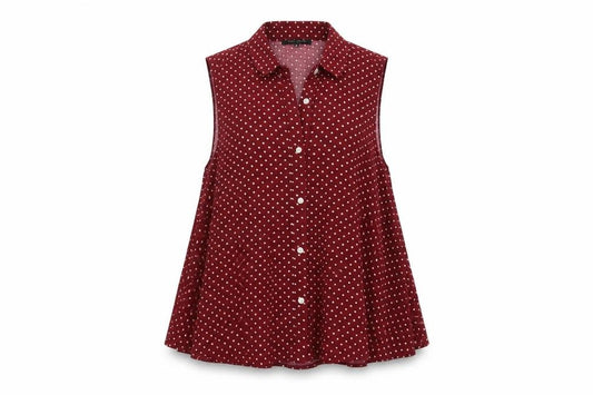 Front view of River Island women’s red striped viscose basic button-up, size UK 8, collared