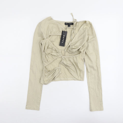 Motel Womens Beige Cotton Cropped Blouse Size S Boat Neck - Cut Out