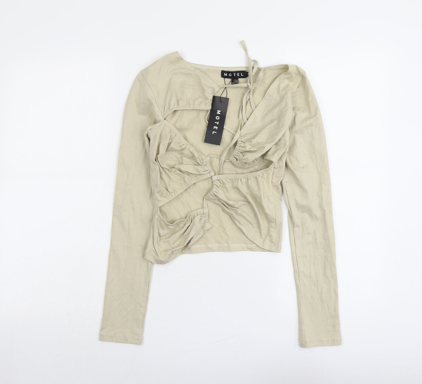 Motel Womens Beige Cotton Cropped Blouse Size S Boat Neck - Cut Out