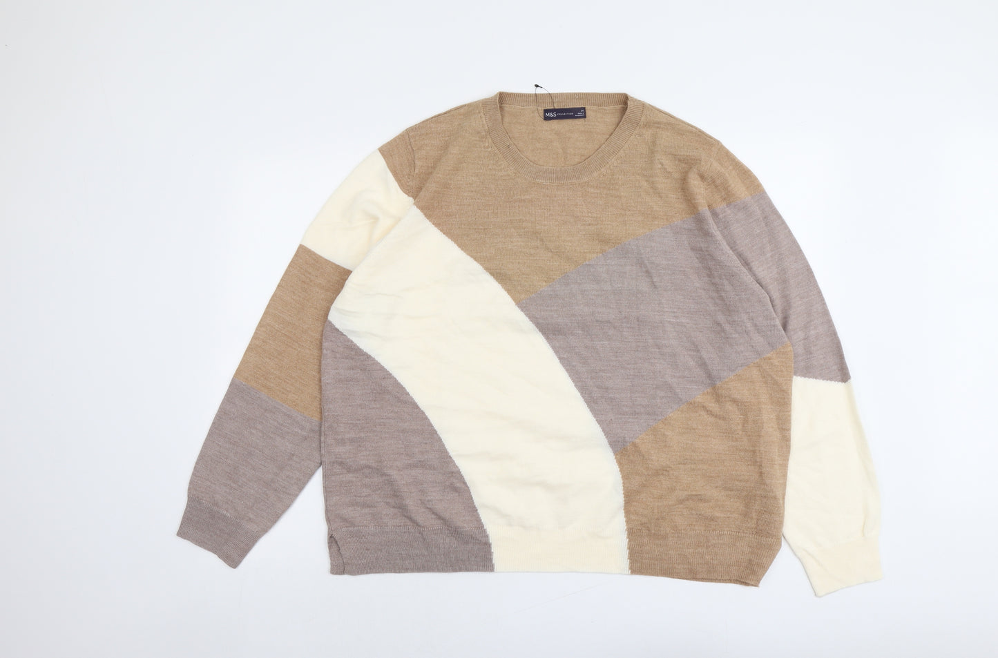 Marks and Spencer Womens Beige Round Neck Geometric Acrylic Pullover Jumper Size 24