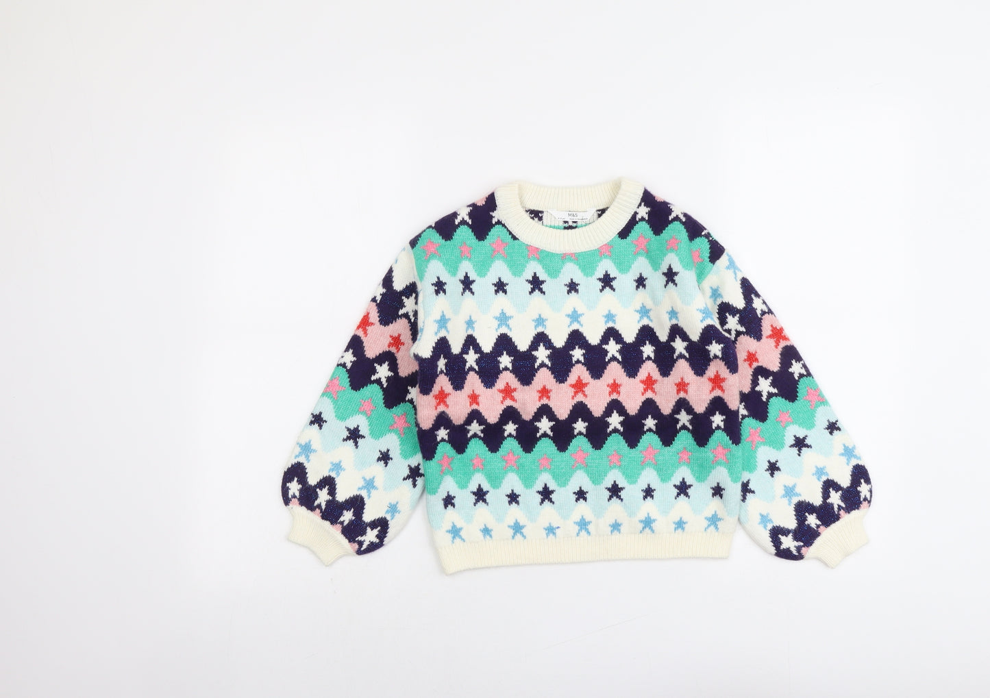 Marks and Spencer Girls Multicoloured Round Neck Geometric Polyester Pullover Jumper Size 9-10 Years Pullover