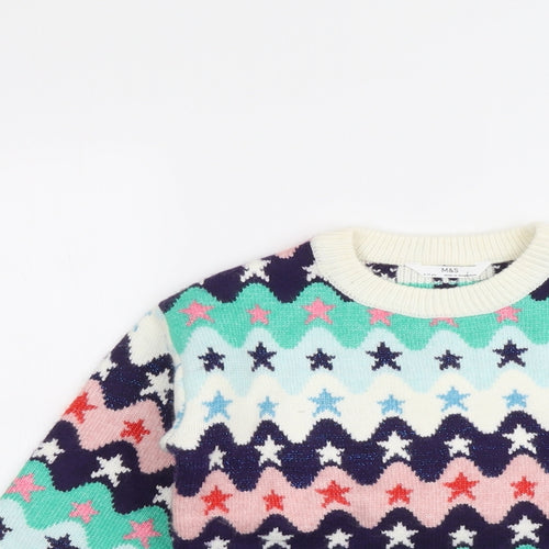 Marks and Spencer Girls Multicoloured Round Neck Geometric Polyester Pullover Jumper Size 9-10 Years Pullover