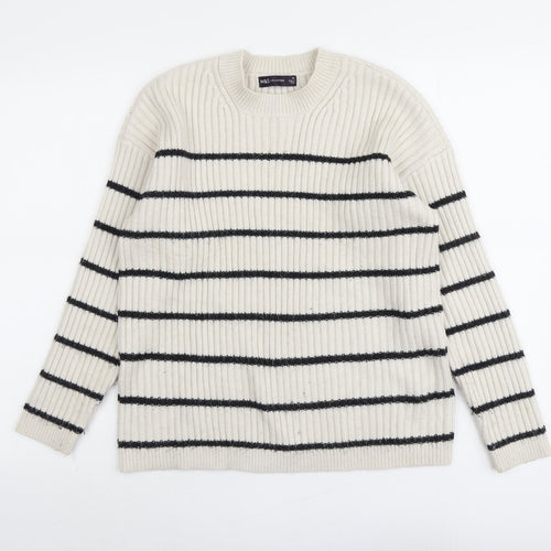 Marks and Spencer Womens Beige Round Neck Striped Polyester Pullover Jumper Size M