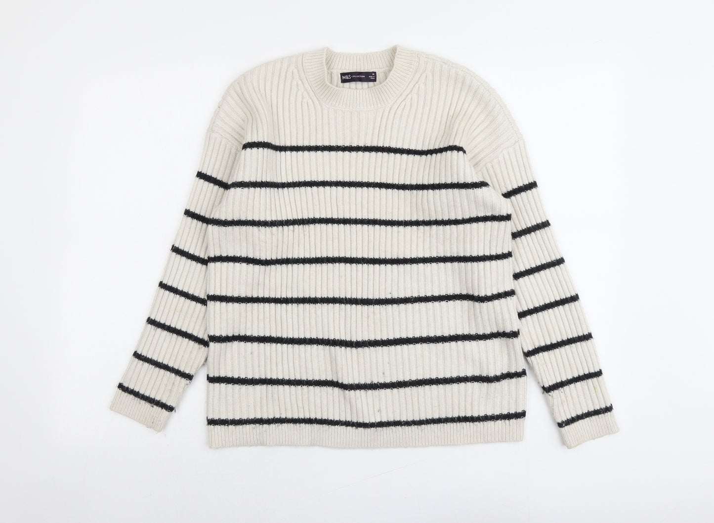 Marks and Spencer Womens Beige Round Neck Striped Polyester Pullover Jumper Size M