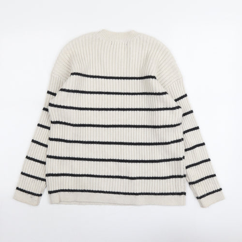 Marks and Spencer Womens Beige Round Neck Striped Polyester Pullover Jumper Size M