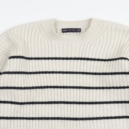 Marks and Spencer Womens Beige Round Neck Striped Polyester Pullover Jumper Size M