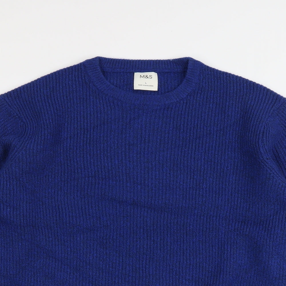 Marks and Spencer Mens Blue Round Neck Polyamide Pullover Jumper Size L Long Sleeve