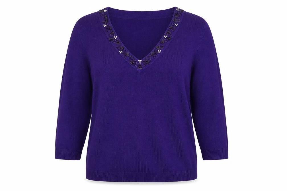 Front view of BHS women’s purple v-neck acrylic jumper, size UK 14