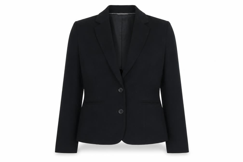 Front view of Marks & Spencer women’s black polyester jacket suit jacket, size UK 10