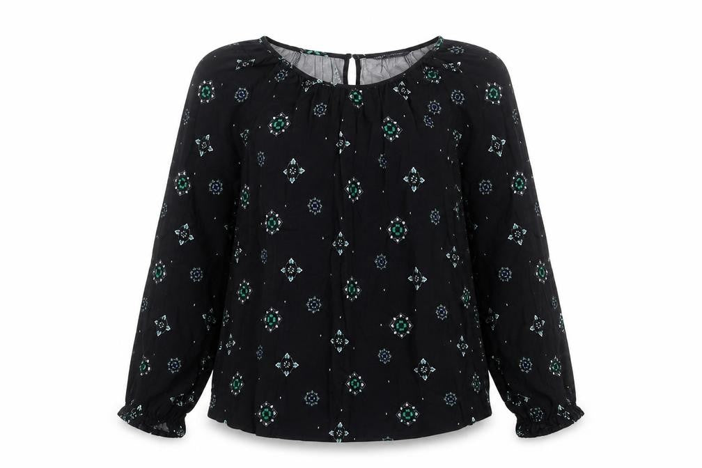 Front view of Marks & Spencer women’s blue geometric viscose basic blouse, size UK 12, boat neck