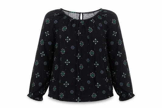 Front view of Marks & Spencer women’s blue geometric viscose basic blouse, size UK 12, boat neck
