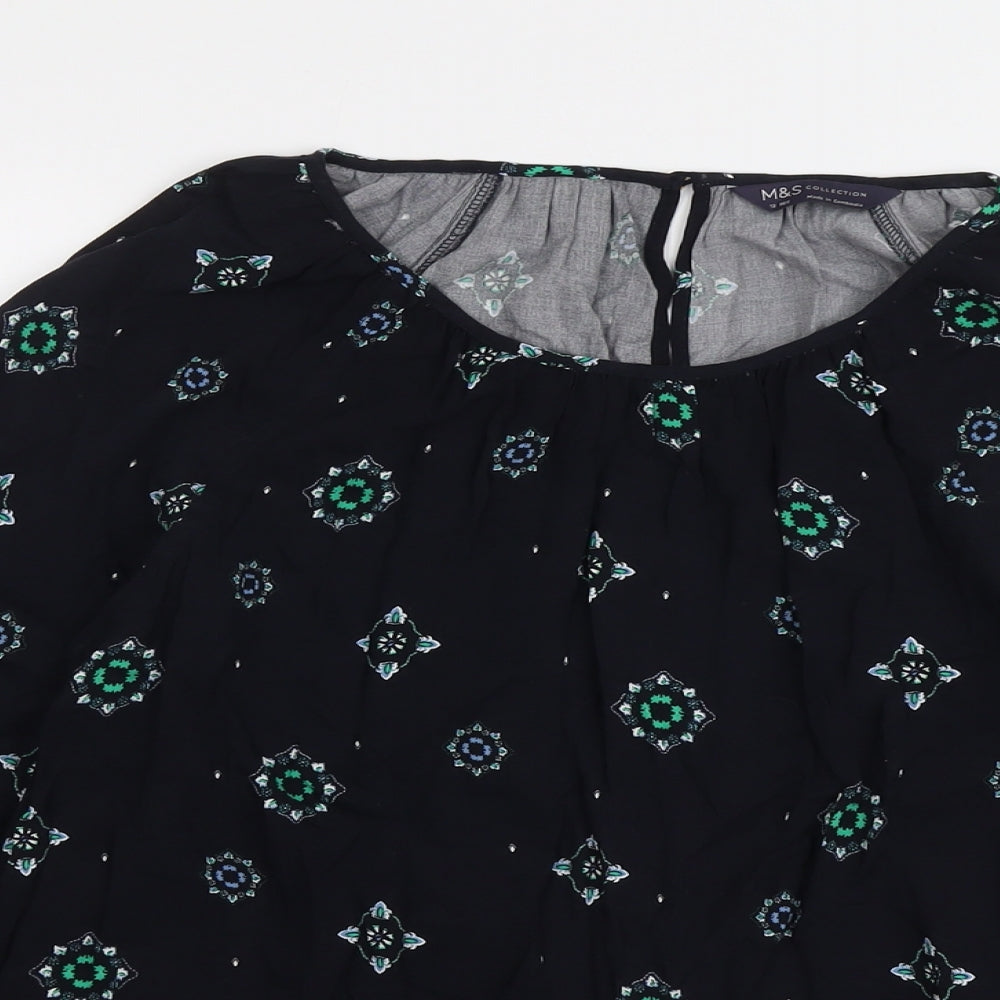 Marks and Spencer Womens Blue Geometric Viscose Basic Blouse Size 12 Boat Neck