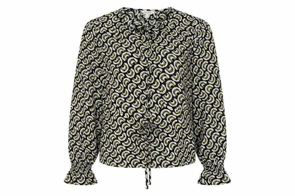 Front view of Per Una women’s black geometric viscose basic blouse, size UK 8, round neck