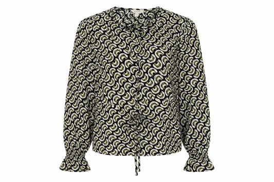 Front view of Per Una women’s black geometric viscose basic blouse, size UK 8, round neck