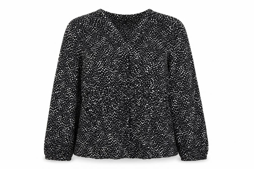 Front view of Per Una women’s black geometric viscose basic blouse, size UK 12, v-neck