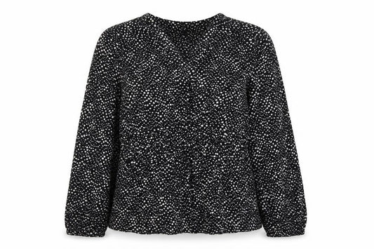 Front view of Per Una women’s black geometric viscose basic blouse, size UK 12, v-neck