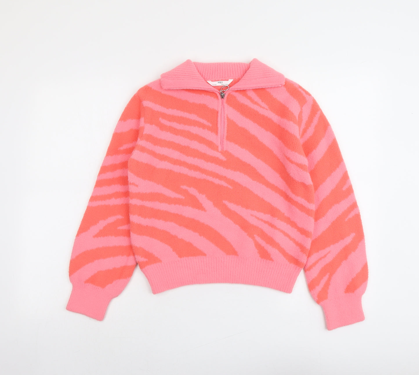 Marks and Spencer Girls Pink Collared Geometric Polyamide Pullover Jumper Size 12-13 Years Zip