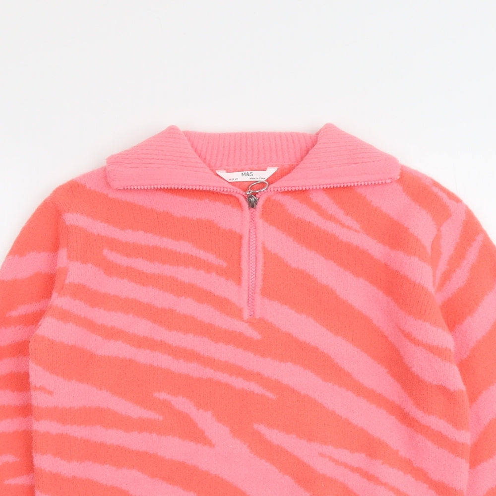 Marks and Spencer Girls Pink Collared Geometric Polyamide Pullover Jumper Size 12-13 Years Zip