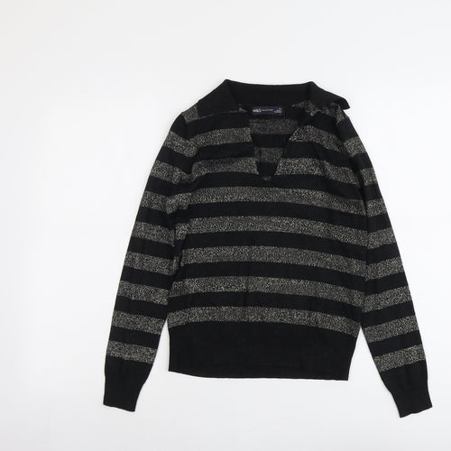 Marks and Spencer Womens Black Collared Striped Viscose Pullover Jumper Size XS