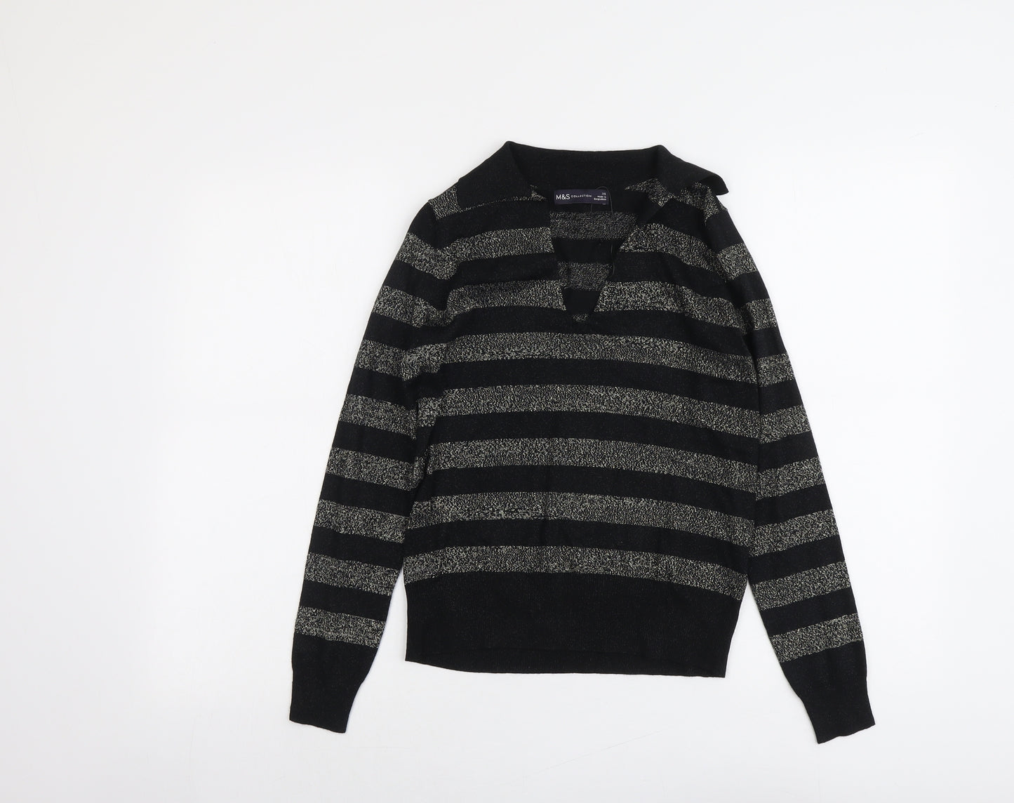 Marks and Spencer Womens Black Collared Striped Viscose Pullover Jumper Size XS