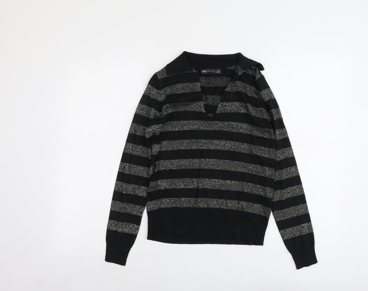 Marks and Spencer Womens Black Collared Striped Viscose Pullover Jumper Size XS