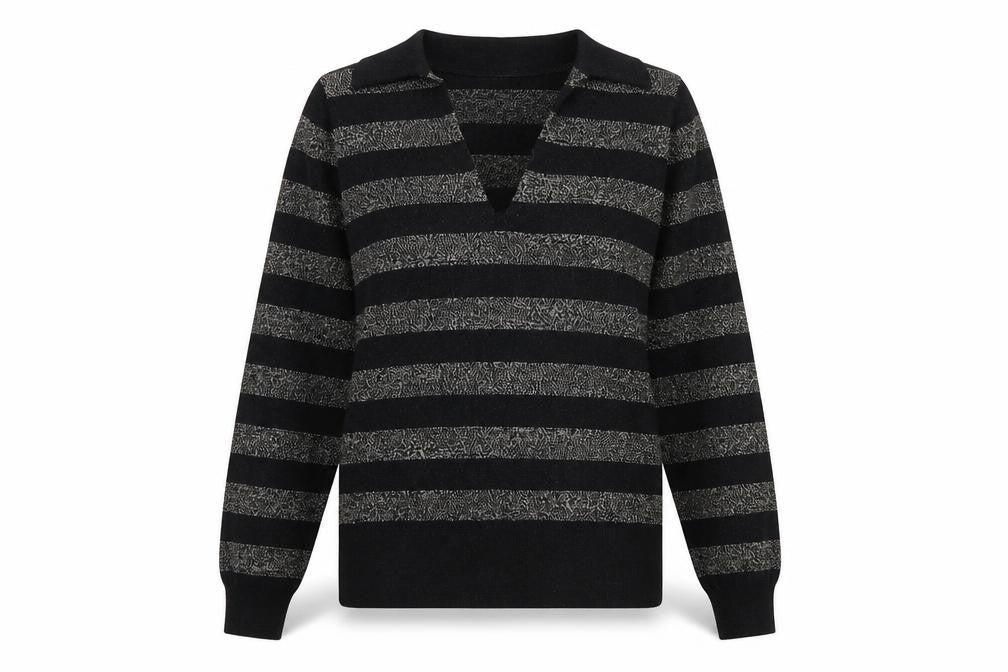 Front view of Marks & Spencer women’s black collared striped viscose jumper, size XS