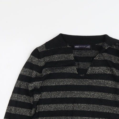 Marks and Spencer Womens Black Collared Striped Viscose Pullover Jumper Size XS