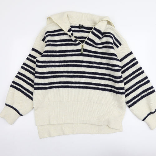 River Island Womens Beige Collared Striped Acrylic Pullover Jumper Size M
