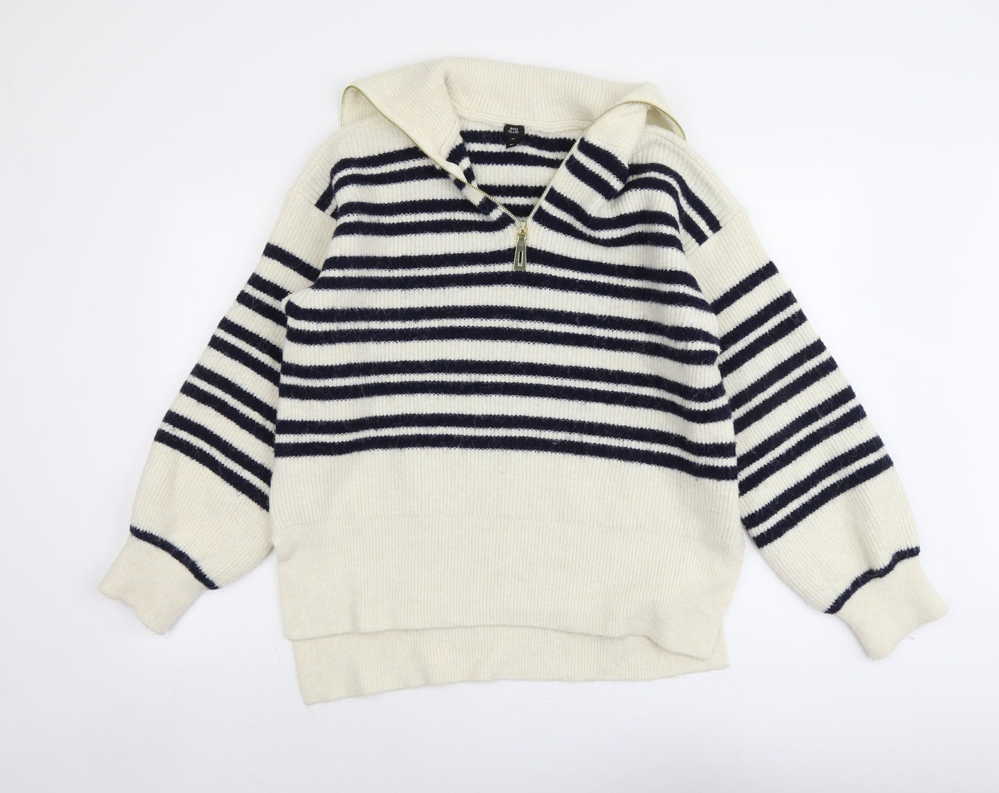 River Island Womens Beige Collared Striped Acrylic Pullover Jumper Size M