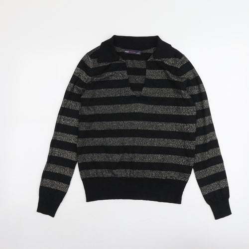 Marks and Spencer Womens Black V-Neck Striped Polyester Pullover Jumper Size S