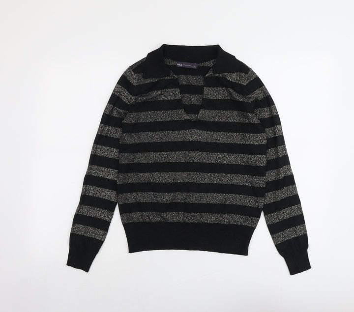 Marks and Spencer Womens Black V-Neck Striped Polyester Pullover Jumper Size S