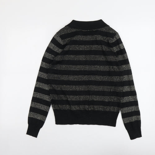 Marks and Spencer Womens Black V-Neck Striped Polyester Pullover Jumper Size S