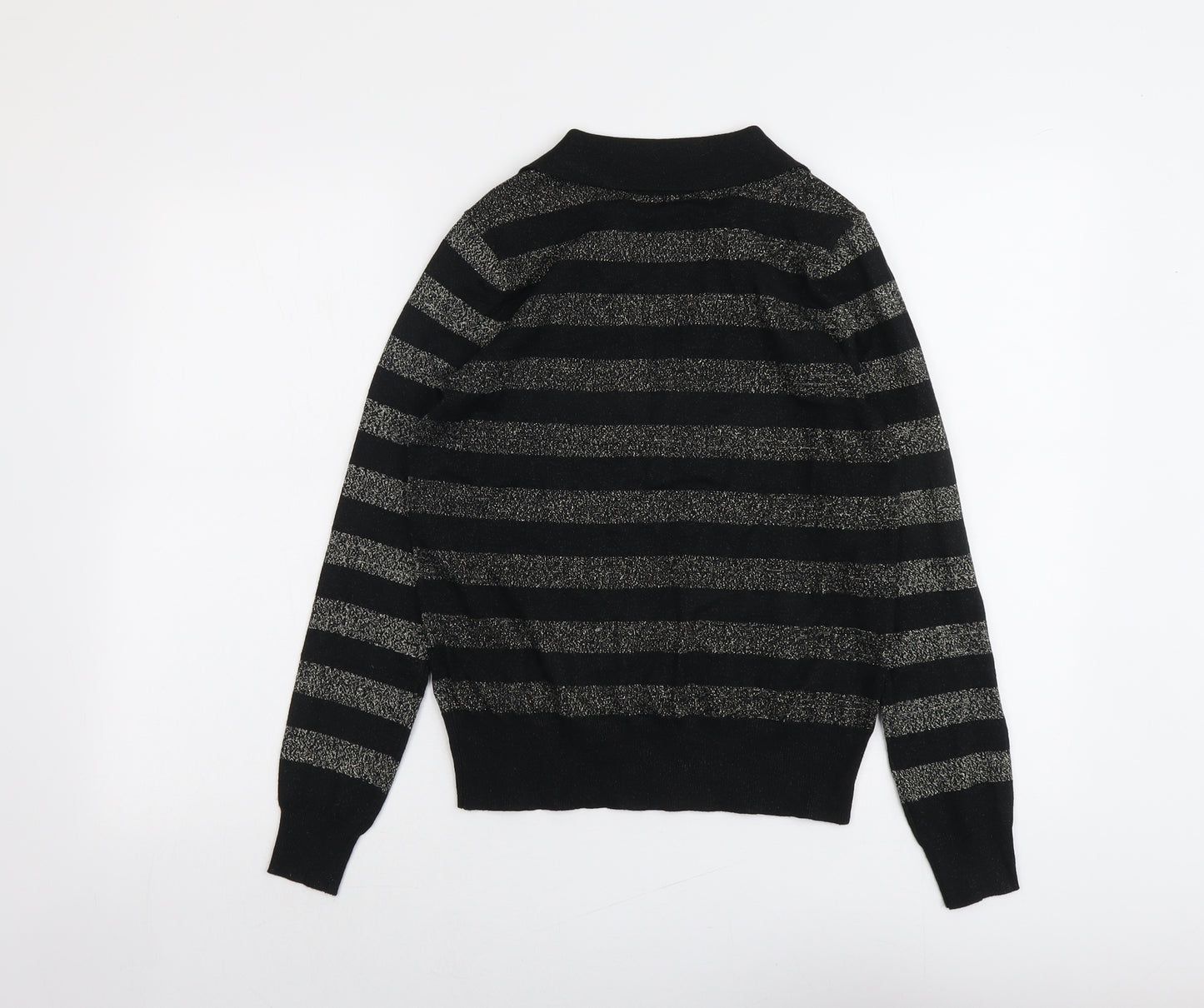 Marks and Spencer Womens Black V-Neck Striped Polyester Pullover Jumper Size S