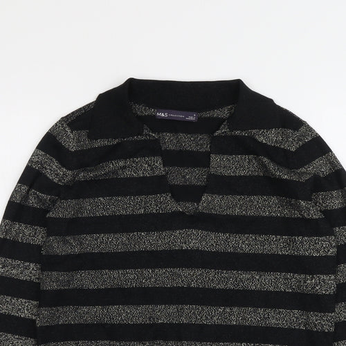 Marks and Spencer Womens Black V-Neck Striped Polyester Pullover Jumper Size S