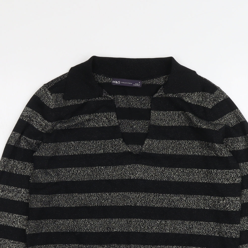 Marks and Spencer Womens Black V-Neck Striped Polyester Pullover Jumper Size S