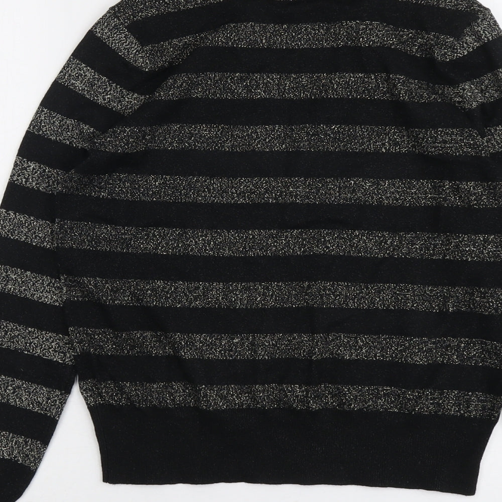 Marks and Spencer Womens Black V-Neck Striped Polyester Pullover Jumper Size S