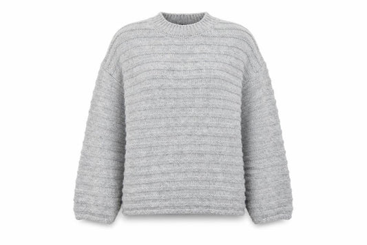 Front view of Marks & Spencer women’s grey round neck acrylic jumper, size XL