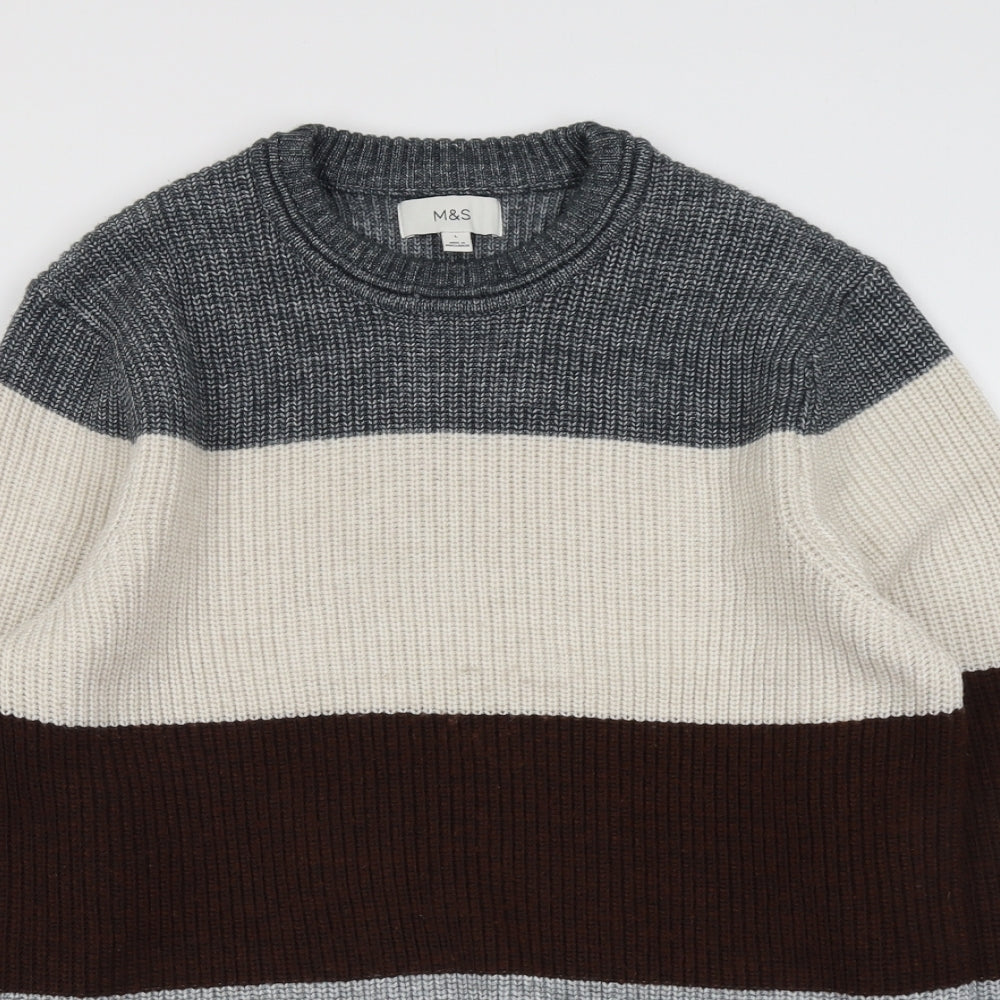 Marks and Spencer Mens Multicoloured Round Neck Polyester Pullover Jumper Size L Long Sleeve - Colourblock