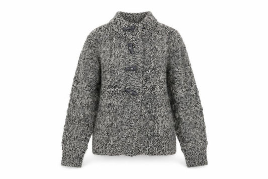 Front view of Debenhams women’s grey high neck acrylic cardigan jumper, size UK 12