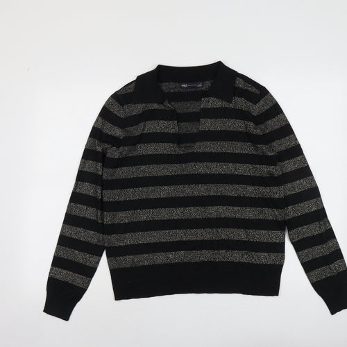 Marks and Spencer Womens Black Collared Striped Viscose Pullover Jumper Size M