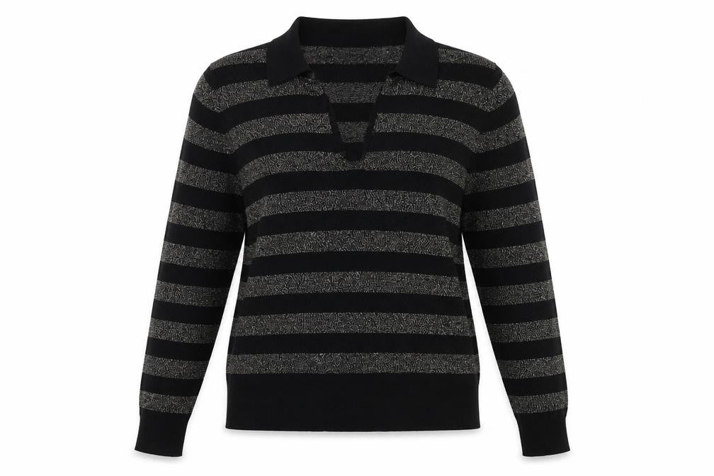 Front view of Marks & Spencer women’s black collared striped viscose jumper, size M