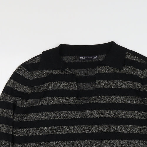 Marks and Spencer Womens Black Collared Striped Viscose Pullover Jumper Size M