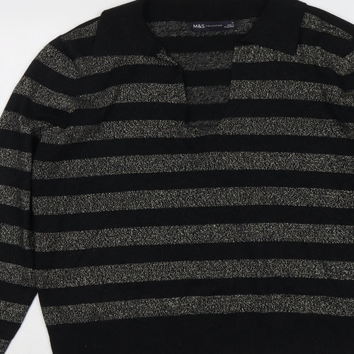 Marks and Spencer Womens Black Collared Striped Viscose Pullover Jumper Size M
