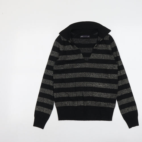 Marks and Spencer Womens Black Collared Striped Viscose Pullover Jumper Size XS