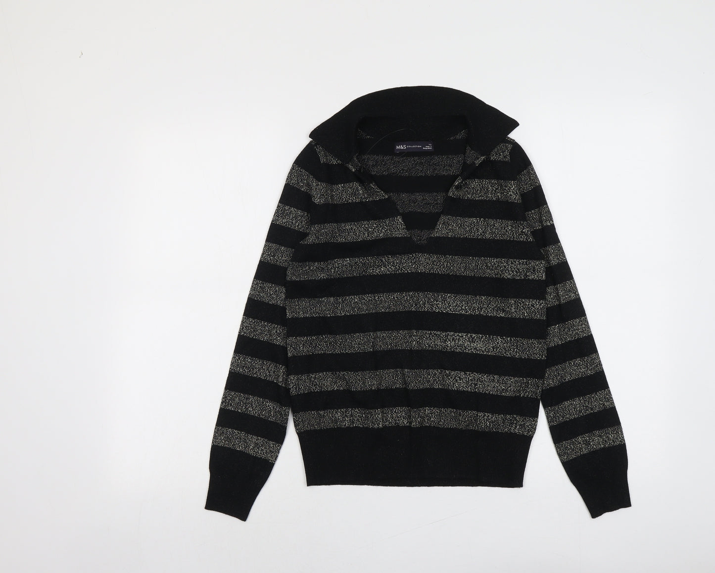 Marks and Spencer Womens Black Collared Striped Viscose Pullover Jumper Size XS