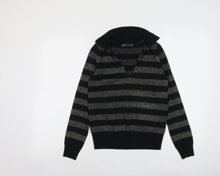 Marks and Spencer Womens Black Collared Striped Viscose Pullover Jumper Size XS