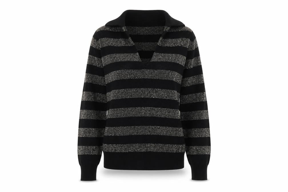 Front view of Marks & Spencer women’s black collared striped viscose jumper, size XS