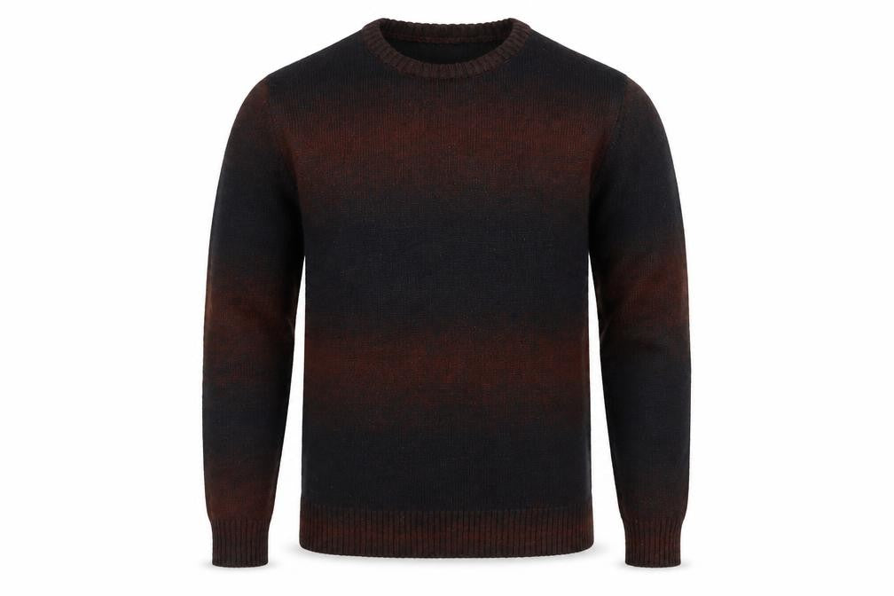 Front view of Marks & Spencer men’s brown round neck geometric polyester jumper, size S, long sleeve - colourblock