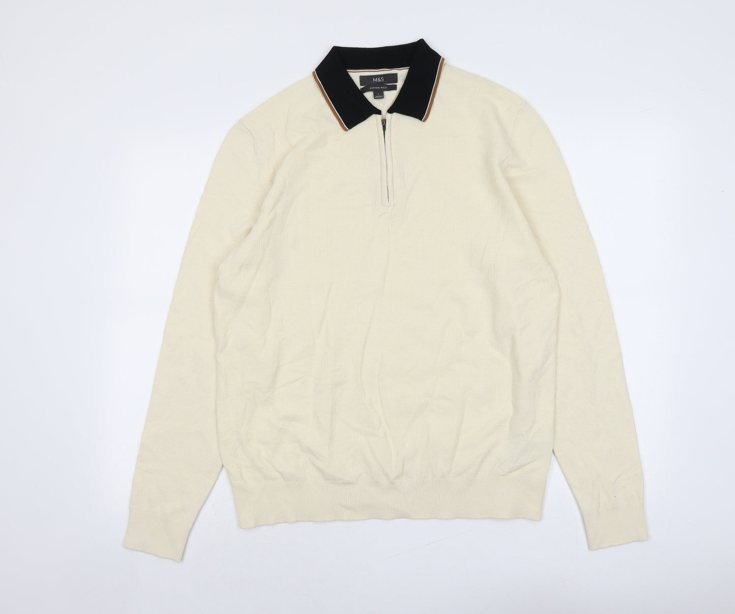 Marks and Spencer Mens Ivory Cotton Polo Size L Collared Zip
