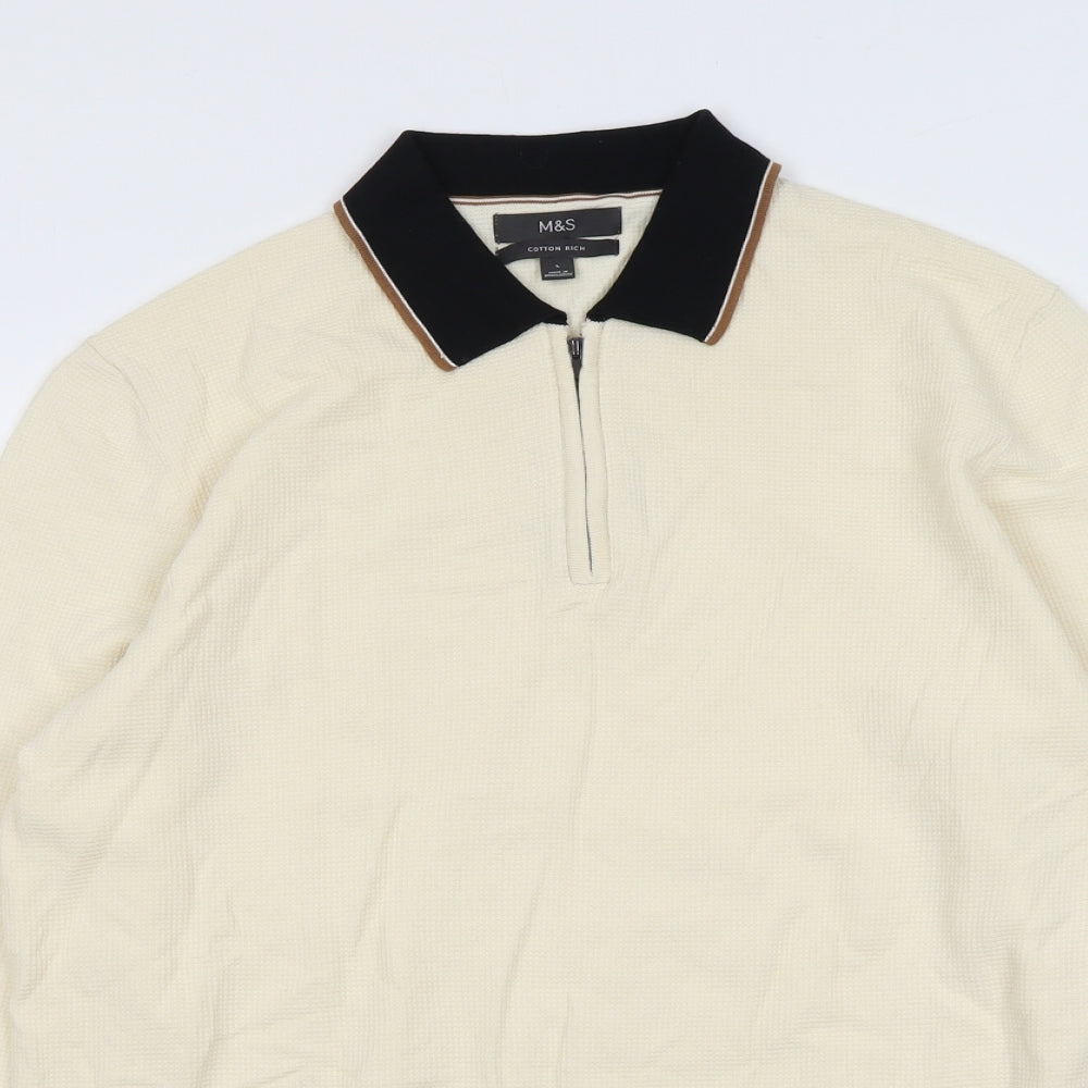 Marks and Spencer Mens Ivory Cotton Polo Size L Collared Zip